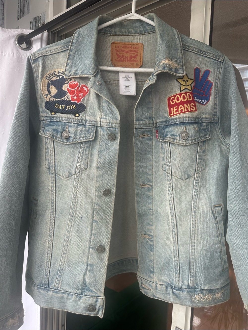 Levi's RARE Vintage Distressed Light Blue Denim Jacket with Embroidered Patches